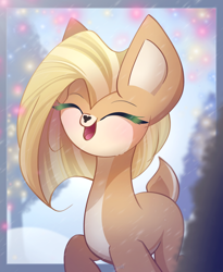 Size: 1800x2200 | Tagged: safe, artist:miryelis, imported from derpibooru, oc, oc only, deer, big ears, deer oc, eyes closed, female, gift art, happy, heart nose, non-pony oc, pale belly, simple background, smiling, snow, solo