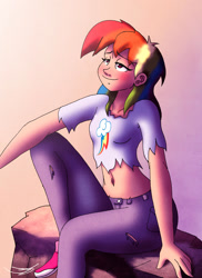 Size: 1280x1761 | Tagged: safe, artist:ringteam, imported from derpibooru, rainbow dash, human, belly button, clothes, female, humanized, midriff, pants, smiling, solo, torn clothes