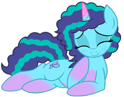 Size: 4700x3689 | Tagged: safe, alternate version, artist:ejlightning007arts, artist:temerdzafarowo, imported from derpibooru, pony, unicorn, spoiler:g5, base used, coat markings, cute, eyes closed, fake cutie mark, female, freckles, g4, g5, g5 to g4, generation leap, lying down, mare, misty brightdawn, mistybetes, multiple variants, my little pony: make your mark, smiling, socks (coat markings)