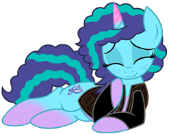 Size: 4700x3689 | Tagged: safe, alternate version, artist:ejlightning007arts, artist:temerdzafarowo, imported from derpibooru, pony, unicorn, spoiler:g5, base used, clothes, coat markings, cute, eyes closed, fake cutie mark, female, freckles, g4, g5, g5 to g4, generation leap, implying oc:ej, jacket, lying down, mare, misty brightdawn, mistybetes, multiple variants, my little pony: make your mark, smiling, socks (coat markings)