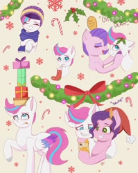 Size: 1632x2046 | Tagged: safe, artist:galaxy swirl, imported from derpibooru, pipp petals, queen haven, zipp storm, pegasus, pony, spoiler:g5, adorapipp, adorazipp, beanie, candy, candy cane, cellphone, christmas, clothes, cute, female, food, g5, hat, holiday, holly, mother and child, mother and daughter, mothers gonna mother, phone, present, royal sisters (g5), santa hat, scarf, selfie, siblings, sisters, smartphone
