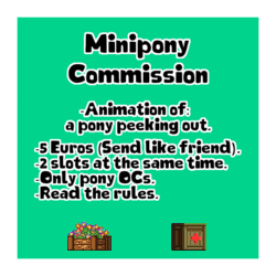 Size: 800x800 | Tagged: safe, artist:dialliyon, imported from derpibooru, oc, oc:anykoe, oc:dr meem, earth pony, unicorn, animated, box, commission open, cute, flower, gif, horn, loop, perfect loop, pixel art, simple background, text, unicorn oc