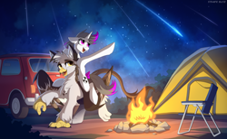 Size: 3480x2139 | Tagged: safe, artist:strafe blitz, imported from derpibooru, oc, oc only, oc:hazel radiate, oc:ospreay, griffon, pony, unicorn, bow, campfire, car, chair, commissioner:biohazard, griffon oc, highlights, horn, night, open mouth, ponies riding griffons, ponytail, riding, shooting star, starry sky, stars, tail, tail bow, tent, unicorn oc