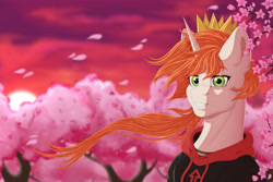 Size: 5315x3543 | Tagged: safe, artist:creed larsen, imported from derpibooru, oc, oc:etoz, unicorn, bust, cherry blossoms, clothes, commission, crown, female, flower, flower blossom, jewelry, portrait, regalia, smiling, solo, sunset
