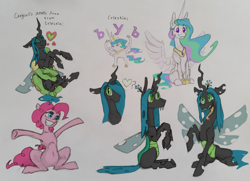Size: 2547x1846 | Tagged: safe, artist:danton-y17, imported from derpibooru, pinkie pie, princess celestia, queen chrysalis, oc, oc:anon, alicorn, changeling, changeling queen, earth pony, human, pony, doodle, female, hug, hug from behind, russian meme, sitting, spread wings, wings