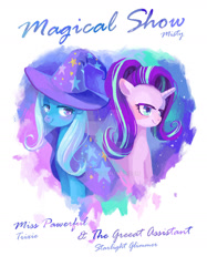 Size: 1280x1707 | Tagged: safe, artist:cyyclg, imported from derpibooru, starlight glimmer, trixie, pony, unicorn, cape, clothes, deviantart watermark, duo, female, hat, mare, obtrusive watermark, watermark