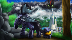 Size: 3840x2160 | Tagged: safe, artist:crimsonwolf360, imported from derpibooru, king sombra, oc, oc:noble six, pegasus, pony, fanfic:a noble death, city, crossover, crystal empire, dirt, fanfic art, halo (series), helmet, high res, looking back, male, pegasus oc, shrub, solo focus, tree