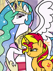 Size: 1620x2160 | Tagged: safe, artist:melspyrose, imported from derpibooru, princess celestia, sunset shimmer, alicorn, pony, unicorn, crown, duo, female, hoof shoes, jewelry, mare, regalia, smiling, smirk