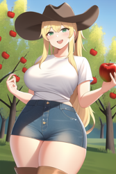 Size: 512x768 | Tagged: safe, imported from derpibooru, applejack, human, ai content, ai generated, apple, apple tree, applebucking thighs, breasts, busty applejack, cowboy hat, female, food, generator:novelai, generator:stable diffusion, hat, humanized, looking at you, solo, thighs, thunder thighs, tree