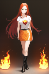 Size: 512x768 | Tagged: safe, imported from derpibooru, sunset shimmer, human, ai content, ai generated, alternate hairstyle, boots, clothes, female, fiery shimmer, fire, generator:novelai, generator:stable diffusion, humanized, looking at you, shoes, solo