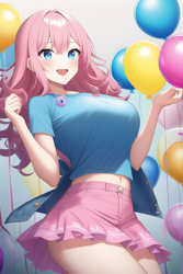 Size: 512x768 | Tagged: safe, imported from derpibooru, pinkie pie, human, ai content, ai generated, alternate hairstyle, anime style, balloon, belly button, big breasts, breasts, busty pinkie pie, clothes, female, generator:novelai, generator:stable diffusion, humanized, midriff, miniskirt, schrödinger's pantsu, skirt, solo