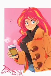 Size: 800x1200 | Tagged: safe, artist:sozglitch, imported from derpibooru, sunset shimmer, human, equestria girls, big breasts, breasts, busty sunset shimmer, clothes, coat, coffee cup, cup, female, huge breasts, passepartout, smiling, solo, turtleneck