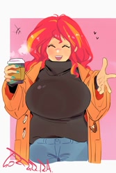 Size: 800x1200 | Tagged: safe, artist:sozglitch, imported from derpibooru, sunset shimmer, human, equestria girls, big breasts, breasts, busty sunset shimmer, clothes, coat, coffee cup, cup, eyes closed, female, huge breasts, looking at you, open mouth, open smile, passepartout, smiling, smiling at you, solo, turtleneck