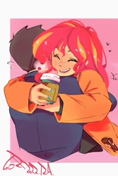 Size: 800x1200 | Tagged: safe, artist:sozglitch, imported from derpibooru, sunset shimmer, oc, oc:generic messy hair anime anon, human, equestria girls, canon x oc, clothes, coat, coffee cup, cup, duo, eyes closed, female, hug, male, open mouth, open smile, passepartout, shipping, smiling, straight