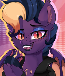 Size: 1700x1990 | Tagged: safe, artist:joaothejohn, imported from derpibooru, oc, oc only, oc:bea, bat pony, pony, bat pony oc, bust, challing card, clothes, commission, hooves, jacket, looking at you, portrait, simple background, smiling, solo, teeth, wings