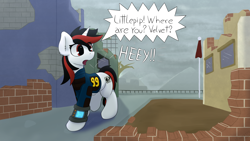Size: 4000x2250 | Tagged: safe, artist:monycaalot, imported from derpibooru, oc, oc:blackjack, pony, unicorn, fallout equestria, fallout equestria: project horizons, accidental vore, brick wall, commission, female, flag, flag pole, horn, implied oc:littlepip, implied oc:velvet remedy, mare, mare pred, mare prey, simple background, unaware vore, unicorn oc, vore
