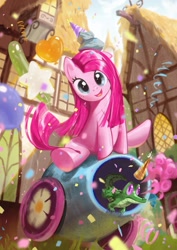 Size: 1000x1414 | Tagged: safe, artist:oboollu ob, imported from derpibooru, gummy, pinkie pie, alligator, earth pony, pony, balloon, confetti, cute, cuteamena, duo, female, happy, hat, looking at you, mare, party cannon, party hat, pinkamena diane pie, ponyville, smiling