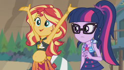 Size: 2048x1153 | Tagged: safe, edit, edited screencap, imported from derpibooru, screencap, sci-twi, sunset shimmer, twilight sparkle, human, equestria girls, equestria girls series, unsolved selfie mysteries, beach, belly button, bikini, chubby, chubby shimmer, clothes, female, sarong, swimsuit