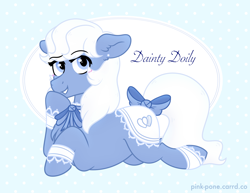 Size: 2200x1700 | Tagged: safe, artist:pink-pone, imported from derpibooru, oc, oc:dainty dolly, earth pony, pony, bow, female, hair bow, lying down, mare, prone, solo