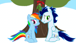 Size: 1920x1080 | Tagged: safe, artist:mlplary6, imported from derpibooru, rainbow dash, soarin', pegasus, pony, animated, blushing, duo, female, gif, kiss on the lips, kissing, looking at each other, looking at someone, male, mare, mistletoe, shipping, smiling, smiling at each other, snow, soarindash, stallion, straight, tree