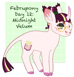 Size: 711x744 | Tagged: safe, artist:s0ftserve, imported from derpibooru, oc, oc only, oc:midnight vellum, pony, unicorn, beanbrows, cloven hooves, curved horn, ear fluff, eyebrows, female, glasses, horn, leonine tail, mare, simple background, solo, tail, transparent background