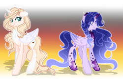 Size: 1280x823 | Tagged: safe, artist:existencecosmos188, imported from derpibooru, oc, oc only, oc:existence, alicorn, pony, alicorn oc, chest fluff, colored wings, duo, eyelashes, female, horn, mare, simple background, transparent background, two toned wings, wings
