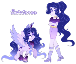Size: 2256x1908 | Tagged: safe, artist:existencecosmos188, imported from derpibooru, oc, oc only, oc:existence, human, pony, equestria girls, clothes, crossed arms, duo, equestria girls-ified, ethereal mane, female, mare, raised hoof, shoes, shorts, simple background, starry mane, transparent background