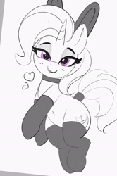 Size: 2101x3159 | Tagged: safe, artist:pabbley, imported from derpibooru, trixie, pony, unicorn, bedroom eyes, belly button, bunny ears, choker, clothes, heart, high res, lidded eyes, looking at you, partial color, simple background, smiling, smiling at you, socks, solo, stockings, tail, tail wrap, thigh highs, white background