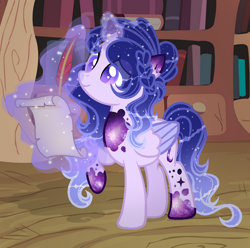 Size: 1024x1015 | Tagged: safe, artist:existencecosmos188, imported from derpibooru, oc, oc only, oc:existence, alicorn, pony, alicorn oc, base used, ethereal mane, female, glowing, glowing horn, golden oaks library, horn, indoors, library, magic, magic aura, mare, quill, raised hoof, scroll, solo, starry mane, telekinesis, wings