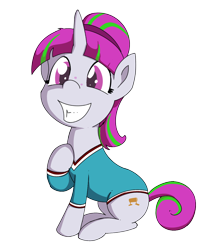 Size: 1022x1225 | Tagged: safe, artist:soccy, imported from derpibooru, oc, oc only, oc:zippi, pony, unicorn, derpibooru community collaboration, 2023 community collab, clothes, female, filly, foal, leotard, simple background, sitting, smiling, solo, transparent background