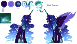 Size: 3014x1753 | Tagged: safe, artist:existencecosmos188, imported from derpibooru, oc, oc only, alicorn, pony, alicorn oc, colored wings, duo, ethereal mane, eyelashes, female, horn, mare, nightmarified, reference sheet, simple background, starry mane, transparent background, two toned wings, wings