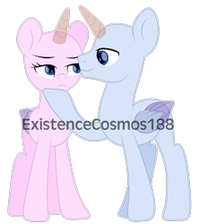 Size: 3448x3888 | Tagged: safe, artist:existencecosmos188, imported from derpibooru, oc, oc only, alicorn, pony, alicorn oc, base, colored wings, duo, eyelashes, female, horn, male, mare, raised hoof, simple background, stallion, transparent background, two toned wings, unamused, wings