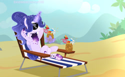 Size: 1024x630 | Tagged: safe, artist:existencecosmos188, imported from derpibooru, oc, oc only, oc:existence, alicorn, pony, alicorn oc, base used, beach chair, chair, drinking, female, glowing, glowing horn, horn, magic, mare, outdoors, relaxing, solo, sunglasses, telekinesis, wings