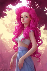 Size: 480x720 | Tagged: safe, imported from derpibooru, pinkie pie, human, ai content, ai generated, blushing, bra, clothes, female, humanized, midriff, prompter:xstarfire93x, skirt, solo, tree, underwear