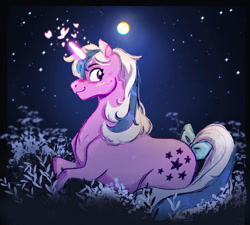 Size: 943x848 | Tagged: safe, artist:nightprince-art, imported from derpibooru, twilight, pony, unicorn, blushing, bow, female, full moon, g1, looking at you, mare, moon, night, night sky, sky, smiling, smiling at you, solo, starry night, stars, tail, tail bow