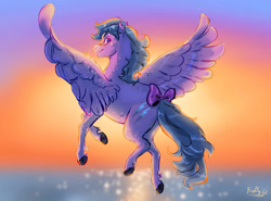 Size: 1038x770 | Tagged: safe, artist:nightprince-art, imported from derpibooru, firefly, pegasus, pony, blushing, bow, female, flying, g1, looking at you, looking back, looking back at you, mare, signature, solo, spread wings, sunset, tail, tail bow, water, wings