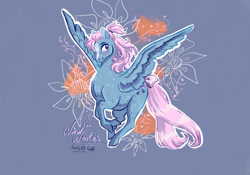 Size: 1070x747 | Tagged: safe, artist:nightprince-art, imported from derpibooru, wind whistler, pegasus, pony, blue background, blushing, bow, female, flower, flying, g1, looking at you, mare, signature, simple background, solo, spread wings, tail, tail bow, wings