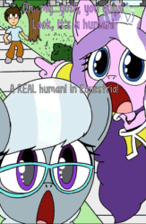 Size: 625x960 | Tagged: safe, artist:tenebrousmelancholy, edit, editor:undeadponysoldier, imported from ponybooru, diamond tiara, silver spoon, anthro, :o, clothes, cute, diamondbetes, glasses, human in equestria, jaw drop, jewelry, mouth wide open, obsessed, omg, open mouth, pointing, sidewalk, silverbetes, surprised, sweat, tiara
