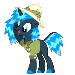 Size: 657x657 | Tagged: safe, artist:frootidragon, imported from derpibooru, daring do, oc, oc only, oc:abyssal "abby" star, unicorn, beyond this world, black coat, blue eyes, blue mane, clothes, female, fluffy mane, hat, mare, missing cutie mark, open mouth, shirt, simple background, smiling, solo, uniform, white background