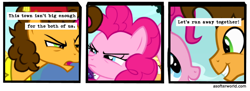 Size: 720x261 | Tagged: safe, edit, edited screencap, imported from ponybooru, screencap, cheese sandwich, pinkie pie, earth pony, pinkie pride, a softer world, cheesepie, comic, female, fez, hat, looking at each other, male, narrowed eyes, screencap comic, shipping, smiling, smiling at each other, straight, text