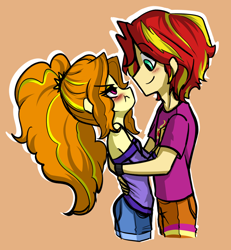 Size: 1384x1496 | Tagged: safe, artist:daazzlin, imported from derpibooru, adagio dazzle, sunset shimmer, human, equestria girls, adagiglare, blushing, cropped, duo, equestria guys, female, half r63 shipping, male, rule 63, shipping, simple background, smiling, straight, sunsagio, sunset glare