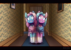 Size: 4096x2896 | Tagged: safe, artist:lrusu, imported from derpibooru, aloe, lotus blossom, earth pony, pony, alternate hairstyle, clothes, creepy, creepy smile, dress, female, grin, hairclip, hallway, looking at you, mare, parody, smiling, socks, spa twins, the grady girls, the shining
