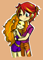 Size: 1073x1482 | Tagged: safe, artist:daazzlin, imported from derpibooru, adagio dazzle, sunset shimmer, human, equestria girls, adagiglare, blushing, cropped, duo, equestria guys, female, half r63 shipping, loose hair, male, rule 63, shipping, simple background, smiling, straight, sunsagio, sunset glare