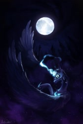 Size: 1446x2148 | Tagged: safe, artist:anticular, imported from derpibooru, nightmare moon, alicorn, pony, flying, full moon, magic, moon, solo, spread wings, wings