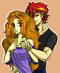 Size: 1468x1780 | Tagged: safe, artist:daazzlin, imported from derpibooru, adagio dazzle, sunset shimmer, human, equestria girls, adagiglare, blushing, cropped, duo, equestria guys, female, half r63 shipping, loose hair, male, muscles, muscular male, rule 63, shipping, simple background, smiling, straight, sunsagio, sunset glare