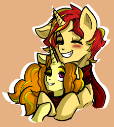 Size: 1076x1196 | Tagged: safe, artist:daazzlin, imported from derpibooru, adagio dazzle, sunset shimmer, pony, unicorn, adagiglare, blushing, cropped, duo, female, half r63 shipping, male, rule 63, shipping, simple background, smiling, straight, sunsagio, sunset glare