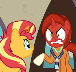Size: 6012x5664 | Tagged: safe, artist:emeraldblast63, imported from derpibooru, stellar flare, sunset shimmer, pony, unicorn, comic:the tale of two sunsets, absurd resolution, angry, coat markings, female, jewelry, mare, necklace, pearl necklace, raised hoof, red face, socks (coat markings), story included