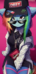 Size: 1361x2822 | Tagged: safe, artist:tweenstrip, imported from derpibooru, rainbow dash, anthro, pegasus, breasts, busty rainbow dash, chips, clothes, d.va, doritos, female, food, mlg, monster energy, obey, overwatch, sexy, shirt, solo, stupid sexy rainbow dash, sunglasses, swag, swag glasses, sweater