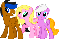 Size: 2561x1705 | Tagged: safe, imported from derpibooru, oc, oc only, oc:dariusii, oc:dia, oc:pink spinach, pegasus, pony, derpibooru community collaboration, 2023 community collab, duo, female, high res, male, mare, simple background, stallion, transparent background, trio
