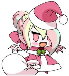 Size: 1198x1319 | Tagged: safe, artist:pearlyiridescence, imported from derpibooru, oc, oc only, oc:pearly iridescence, human, bat wings, chibi, christmas, clothes, costume, fangs, fate/stay night, female, hat, holiday, holly, humanized, humanized oc, padoru, parody, santa costume, santa hat, simple background, solo, transparent background, wings